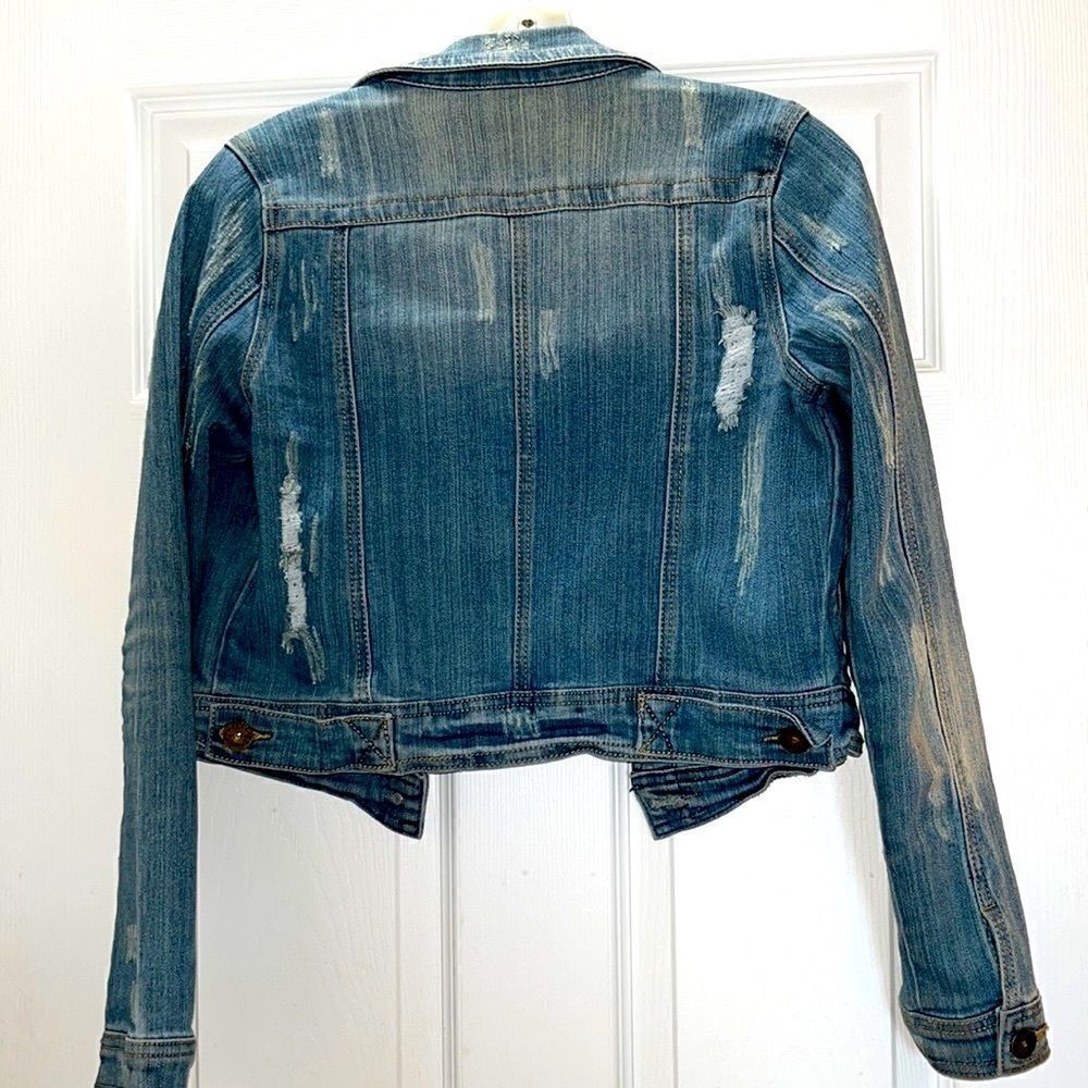 Jou Jou Distressed Blue Jean Cropped Denim Jean Jacket- Small - Picture 3 of 7